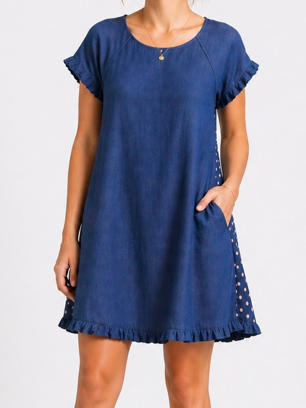 Umgee USA Dress Womens Medium Navy Blue Linen Blend Boho Shift Ruffle Hem Pocket